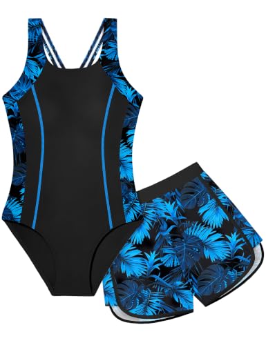 Image of Girls Swimsuit One Piece Swimsuits Color Block Bathing Suit for Girls Adjustable Strap Padded Swimwear with Shorts