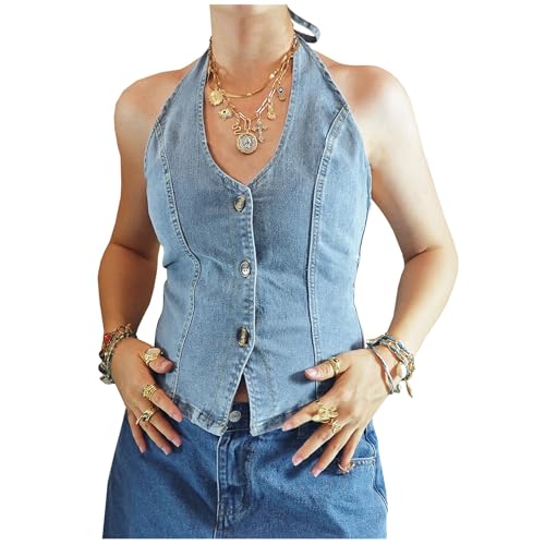 Miqil Women Sleeveless Denim Halter Top Backless Halter Neck Button