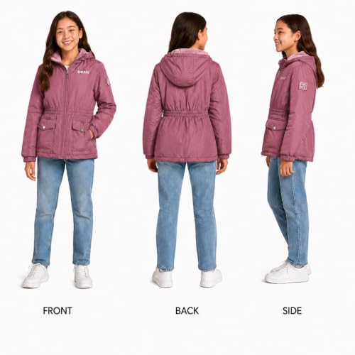 Image of DKNY Girls Midweight Jacket - Cozy Sherpa Fur Lined Water Resistant Hooded Anorak Windbreaker Zip Up Jacket for Girls
