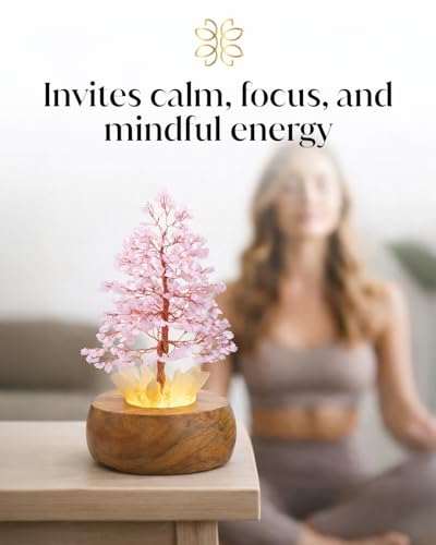 Rose Crystal Tree of Life with LED Light – Handcrafted Gemstone Bonsai on Quartz Base & Acacia Wood Stand – Spiritual Home & Office Décor, Feng Shui, Thoughtful Gift for Women - Image 7