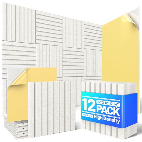Image of 12 Pack Sound Proof Foam Panels for Walls, Acoustic Panels Self-Adhesive | 12 inch X 12 inch X 0.4 inch Slatted Soundproof Wall Panel, High Density Sound Absorbing Panel for Gaming Recording Studio Decor-Ivory