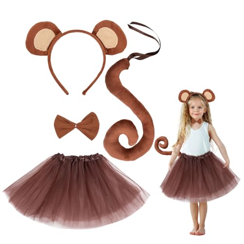 EUPSIIU 4 Pièces Costumes de Singe, Animaux Fête Bandeau d'Oreilles de Singe Longue Queue de Singe Fille Tutu Jupe Noeud Papillon, Déguisement Animaux pour Enfant Fille Cosplay Halloween Fête (Singe)
