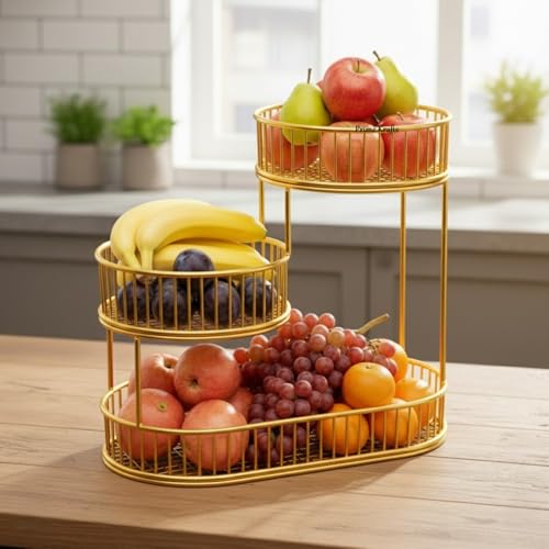 Image of 3 Tier Metal Wire Fruit Basket Bowl for Kitchen | Countertop Kitchen Storage Basket for Fruits, Vegetables and Snacks - Gold