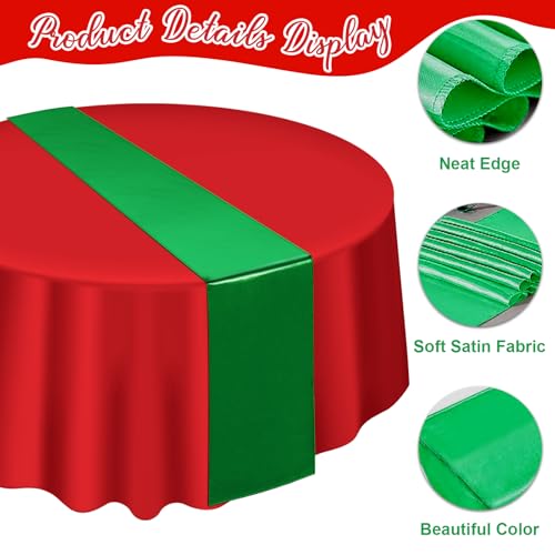Image of 12Pack 12x108Inch Satin Table Runner and 84Inch Round Plastic Tablecloths Set Christmas Red and Green Disposable Table Cloth Cover for New Year Christmas Wedding Holiday Anniversary Party Decorations