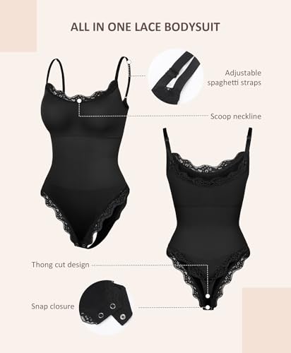 FeelinGirl Lace Bodysuits for Women Shapewear Tummy Control Thong Cami Bodysuit Tops with Adjustable Spaghetti Straps4