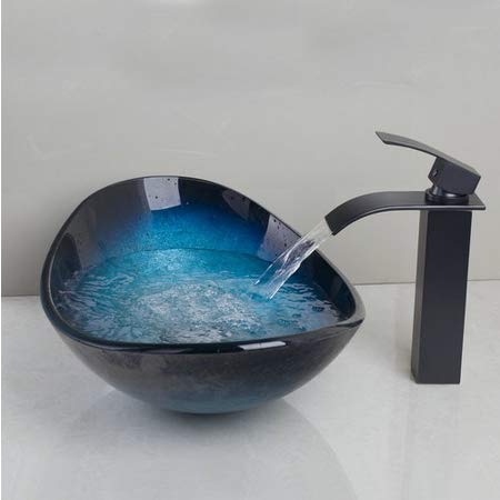 Vasque en verre trempé peint à la main avec robinet cascade noir pour salle de bain