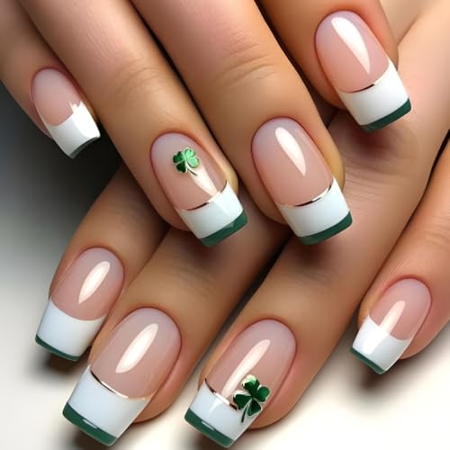 St. Patricks Day Press on Nails Short Square Fake Nails with White Green Gold French Designs Nude Nails Press ons Glossy Glue on Nails Full Cover False Nails Spring Stick on Nails for Women 24Pcs