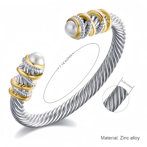 Decpro Antique Twisted Cable Bracelet with Composite Shell Pearl Inlay Alloy Cuff Bracelet for Women2