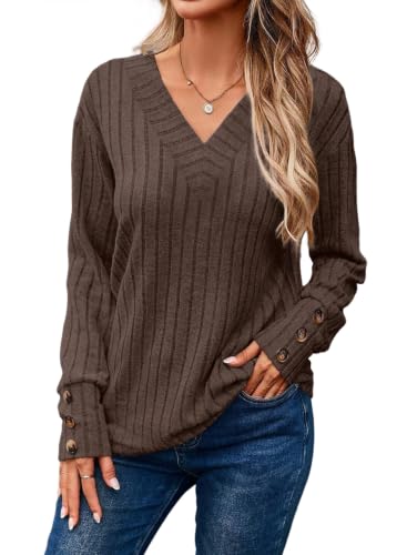 Image of Dokotoo Womens Tops V Neck Lightweight Sweater Fall Long Sleeve Top 2026 | Decorative Buttons, Soft Breathable Knit Material, Pullover Tunic Tops, Business Casual, Fall Outfits, Winter Clothing 2026