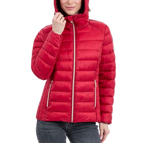 Michael Kors Womens Hooded Packable Puffer Jacket, Red, L