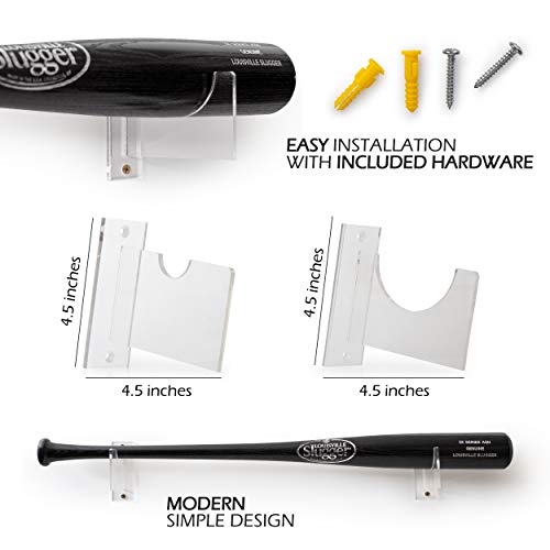 Baseball Bat Wall Mount For Horizontal Display - Sturdy Acrylic Bat Holder - Fits Any Baseball Or Softball Bat (Hardware Included) Easy To Install #TOP1