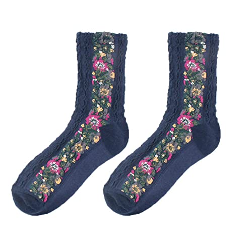 Sfkadi 2 Pairs Women's Flower Design Cable Knit Socks, Ethnic Floral Ankle/Short Boot Socks For Women, Vintage Bootie Socks For Women (Blue) #TOP5