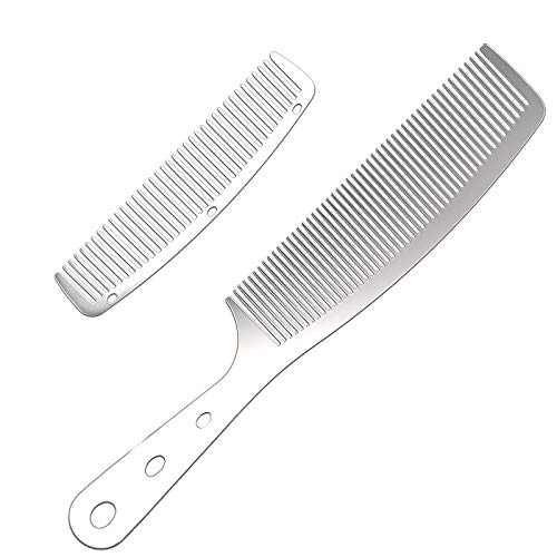 2pcs Metal Anti Static Barber Combs Stainless Steel Hair Comb Cutting Comb set Hair Styling Hairdressing Comb for Men Women Salon (Pocket Comb and handle Rake Comb)