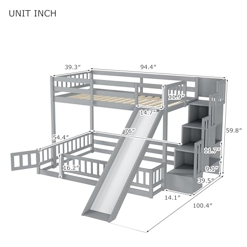 Image of YOPTO Twin Over Full Bunk Bed with Slide,Storage Staircase & Safety Guardrails,Wooden Bunk Bed w /Slat Support,Space Saving,Bedframe Furniture for Student Dorms,Studio,Grey