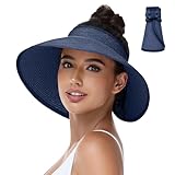 Sun Hats Visor for Women, UV UPF Straw Beach Hat Foldable Wide Brim Ponytail Summer Hats Packable Travel (Bowknot Navy Blue)