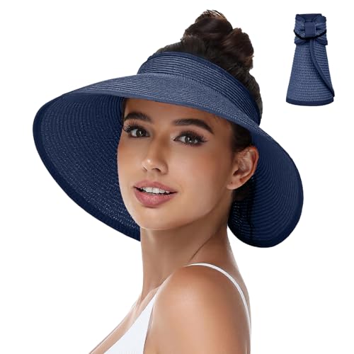 Sun Hats Visor for Women, UV UPF Straw Beach Hat Foldable Wide Brim Ponytail Summer Hats Packable Travel (Bowknot Navy Blue)