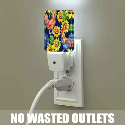 Image of Retro Hen Rooster Night Light, Sunflowers Plug into Wall with Dusk to Dawn Light Sensors, Warm Nightlights for Bedroom, Bathroom, Hallway, Kitchen, Gifts Ideal for Boys Girls Women Men
