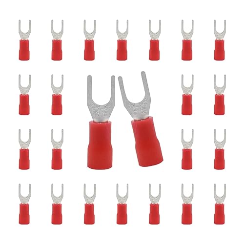 CEEYSEE Lot de 100 cosses à fourche 0,5 à 1,5 mm² - Diamètre du trou : M4 - Pour cosses électriques à sertir - Isolées en PVC (rouge/DPFH)