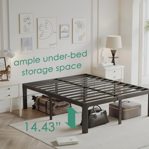 LAKKURI Moldura de cama tamanho queen de metal plataforma de 40 cm de altura, moldura de cama queen