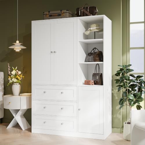 VOWNER 71"H Armoire Wardrobe Closet with Mirror and Open Shelves (1, White)