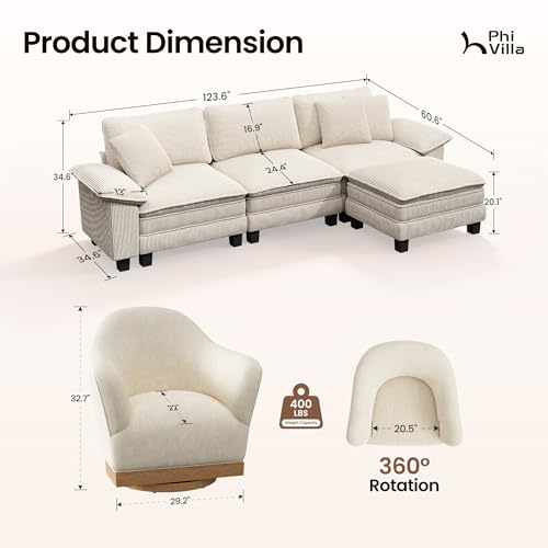 Image of PHI VILLA Cloud Modular Couch Sets with Swivel Accent Chair, 123.6 inch Sectional Sofa with L-Shaped Chaise, 4-Seater Upholstered Couches with Movable Ottoman for Living Room, Corduroy Fabric, Beige