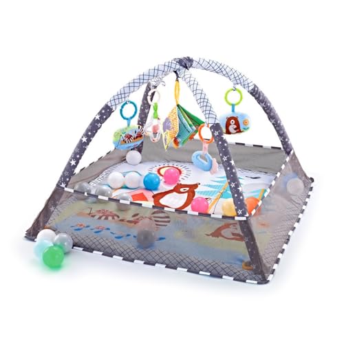 プレイマット 0か月~ 赤ちゃん 幼児 子ども 幼児 ベビー ジム プレイジム プレイマット メリー 折り畳み式 ベビーおもちゃボールプールに変身 長く遊べる コンパクトに収納 安全 保護ネット 出産祝いプレゼント (ブルー) (グレー)
