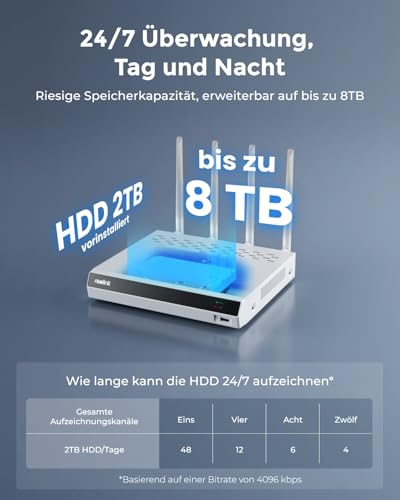 Reolink 4K Wi-Fi 6 PT Überwachungskamera Set, 4stk WLAN-Kameras Outdoor mit 355° Pan & 50° Tilt, Bewegungsverfolgung, Smart-Erkennung, Farbnachtsicht, 12-Kanal Wi-Fi NVR mit 2TB HDD (RLK12-800WPT4) 6