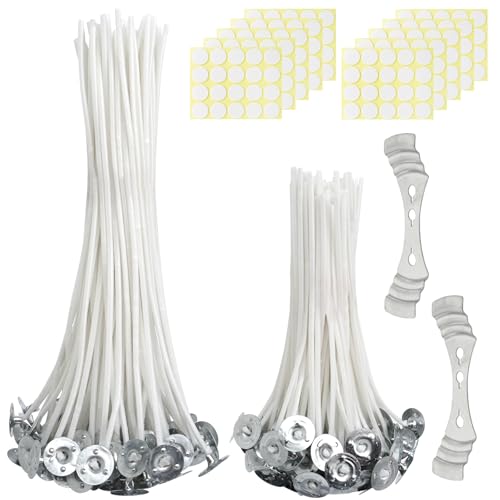 200 Mechas de algodón Natural para Velas, Mechas Hacer Velas DIY (10cm/15cm) con 200 Pegatinas de Mecha y 2 Soporte de Acero Inoxidable, para la Fabricación de Velas de Bricolaje