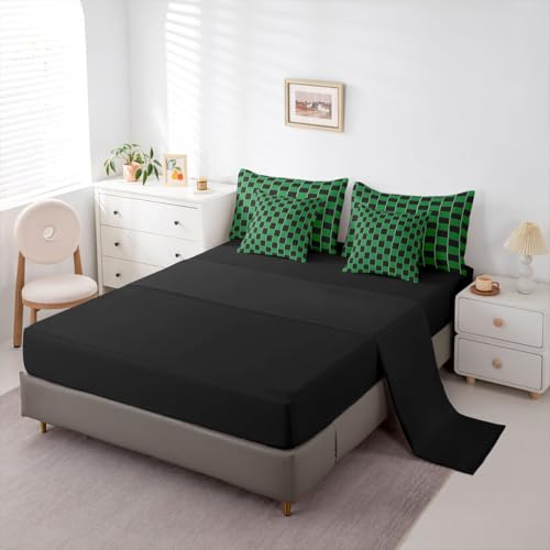 Image of Erosebridal Plaid Full Bed in A Bag 7 Piece Green Black Checkerboard Comforter Set with Sheets Geometric Checkered Bedding Sets for Kids Adults,Aesthetic Grids Bed Set