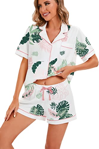 Image of LUBOT 100% Cotton Pajamas for Women 2 Piece PJ Set Button-Down Soft Knit Short Sleeve Summer Sleepwear Loungewear XS-XXL