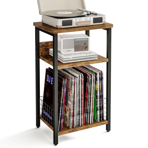 Fixwal 3-Tier Record Player Stand, Dedicated Side Table with Open Storage, for Living Room & Bedroom, Rustic Brown
