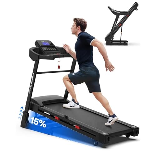 Image of Pemberly Row 3.5HP Folding Treadmill for Home with Automatic Incline, Bluetooth, Small Spaces - Heavy Duty Black