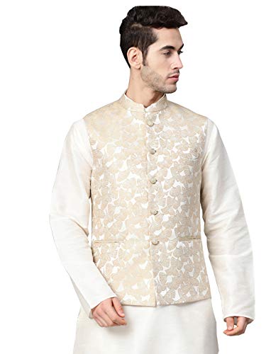 Image of MANQ Men Fawn Woven Jaquard Silk Nehru Jacket (Size:36)