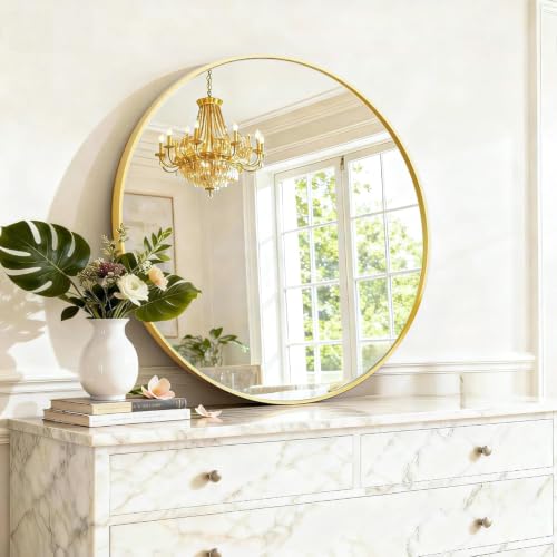 Image of Simple Deluxe 20 Inch Round Bathroom Mirror, Black Vanity Mirror with Metal Frame, Modern Circle for Bathroom, Entryway, Bedroom, Living Room, Wall Mounted Decorative Mirrors (Gold)