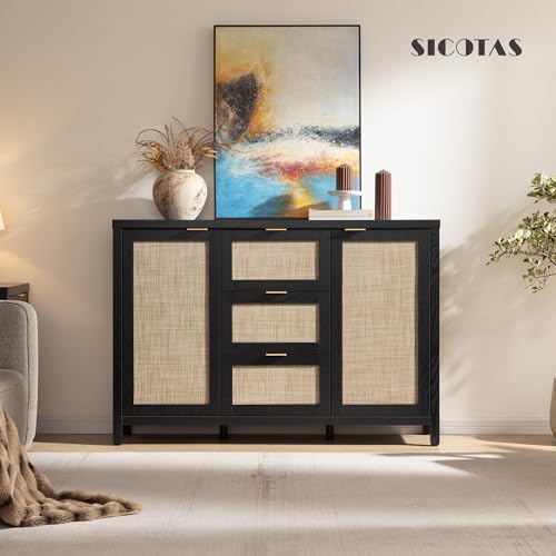 Image of SICOTAS Rattan Sideboard Buffet Cabinet with 3 Drawers, Storage Cabinet | 52 Inch Farmhouse Boho Credenza Coffee Bar Cabinet with Large Storage, Console Table for Living Room, Kitchen