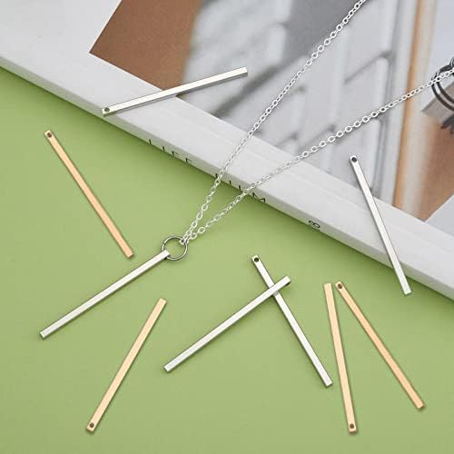 SUNNYCLUE 1 Box 60Pcs 2 Colors Vertical Stamping Blank Bar Pendants Stainless Steel Metal Bar Charms Rectangle Tags for Jewelry Making Necklace Earrings, Gold & Sliver