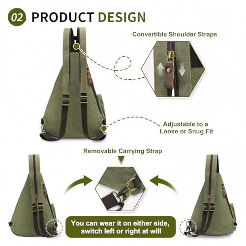 Vintage Canvas Sling Bag with Genuine Leather Zipper, 3 in 1 Crossbody, Backpack, and Chest Bag, for Travel, Hiking, 16x10x6 Inches, Green3