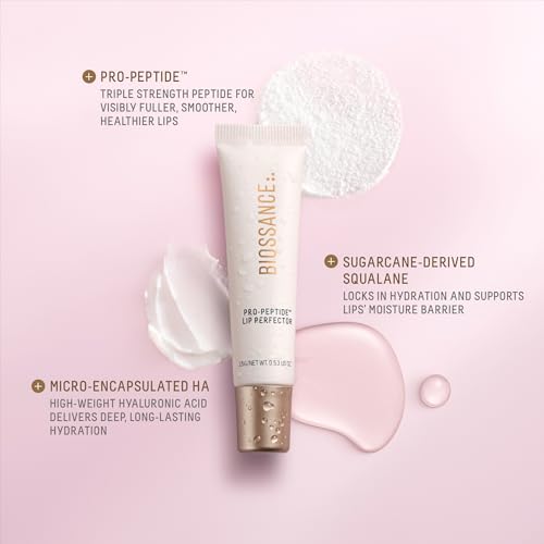 Biossance, Pro-PeptideTM Lip Perfector, squalane + peptides and hyaluronic acid treatment for lips, moisturizing daily lip balm for smooth lips, H2Glow - CLEAR, 1 count
