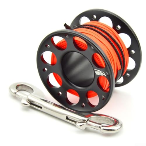 Scuba Diving Reel 15/30M with Stainless Steel Double Hook and Swivel, Aluminum Alloy Dive Line Spool for Underwater Fishing, Compact Portable Dive Reel(15m Black)