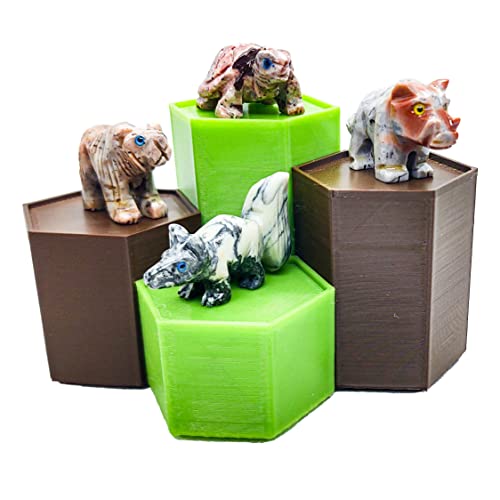 Forest Favorites - Spirit Animals Hand Carved Collections of Natural Dolomite Stone Totem Figurines of Bear, Turtle, Wild Boar, and Fox with Hexagon Display Stands for Meditation, Altars, and Fun