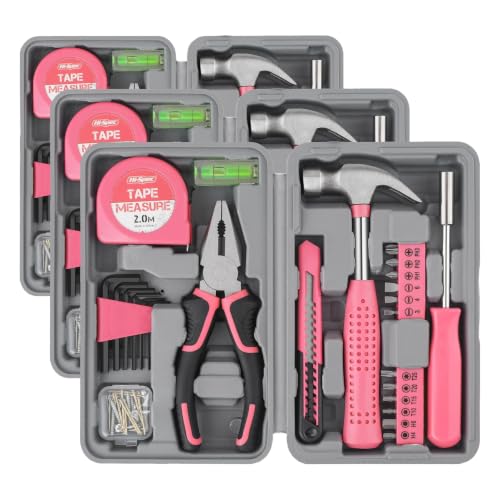 Image of Hi-Spec Tool Set 25pc Pink Household DIY Tool Kit for Women. Small Mini Tool Box Set of Starter Basic Ladies Tools (Pack of 3)