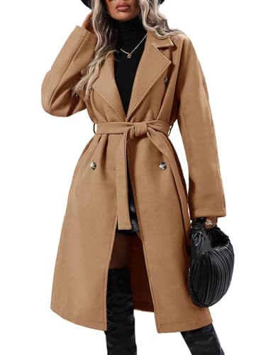 Danedvi Women Elegant Wool Pea Coat Lapel Collar Double Breasted Mid-Long Winter Overcoats with Belted Pockets4