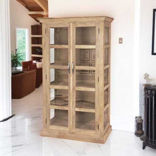 Image of The Attic Havenwood Wooden Bookshelf and Crockery Cabinet with Glass Door | Wooden Book Rack for Home Library, Study Room | Bookshelf Crockery Unit for Home & Kitchen Living Room | Natural Finish