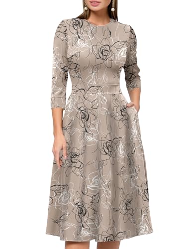 Image of Simple Flavor Women's Floral Vintage Dress Elegant Midi Evening Dress 3 /4 Sleeves
