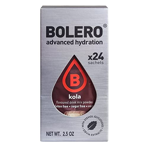 Bolero Drinks, 24 sobres de 3 gramos, sabor a fruta, preparación en polvo soluble en agua para bebidas frescas, 72 gramos, endulzado con stevia (Cola)