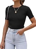 ATHMILE Womens Short Sleeve Ribbed Knit T Shirt Casual Crewneck Tops Trendy Slim Fit Basic Tees
