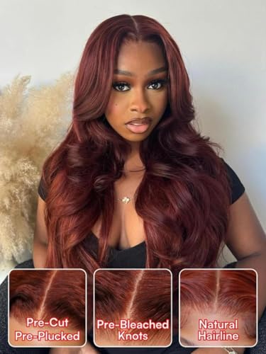 Image of Beauty Forever Reddish Brown Lace Front Wig Human Hair 7x5 Body Wave Bye Bye Slip Glueless Wigs with Elastic Drawstring,Pre Plucked,Bleached Knots,Natural Hairline,150% Density 24inch