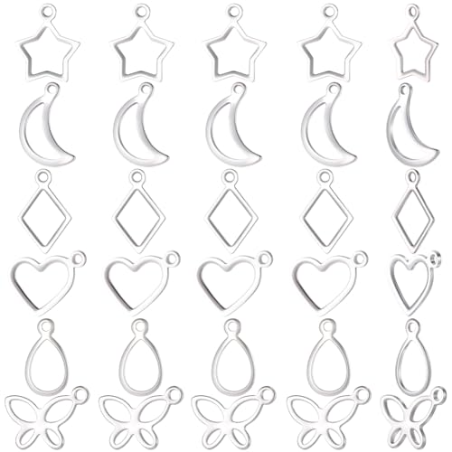 Beebeecraft 1 Caja con 150 Colgantes de Marco Hueco Y 304 dijes Abiertos de Acero Inoxidable con Forma de Corazón Rombo Luna Lágrima Estrella Y Mariposa para Hacer Joyas con Resina UV.