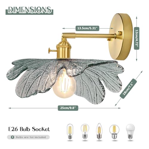 Image of Bathroom Vanity Light Over Mirror, Vintage Glass Wall Sconce Dark Green Flower Glass Shade Gold Brass Wall Sconce Mid Century Modern Vanity Wall Light for Farmhouse Bedroom Doorway