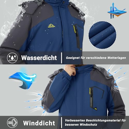 KEFITEVD Snowboardjacke Herren Warm Gefüttert Ski Jacke Wasserdicht Softshell Jacke mit Kapuze Skijacke Herren Dicke Winterjacke Parka Jacke Jagdjacke Dunkelblau XL